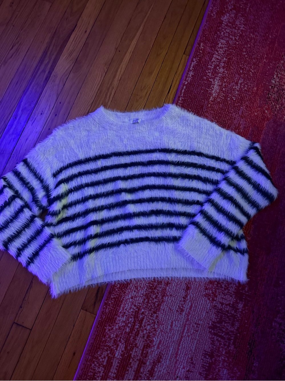 La Ligne Cozy White Fuzzy Crewneck Sweater with Black stripes